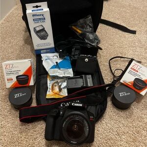 Canon EOS Camera with Lens and Accessories - Black and Red